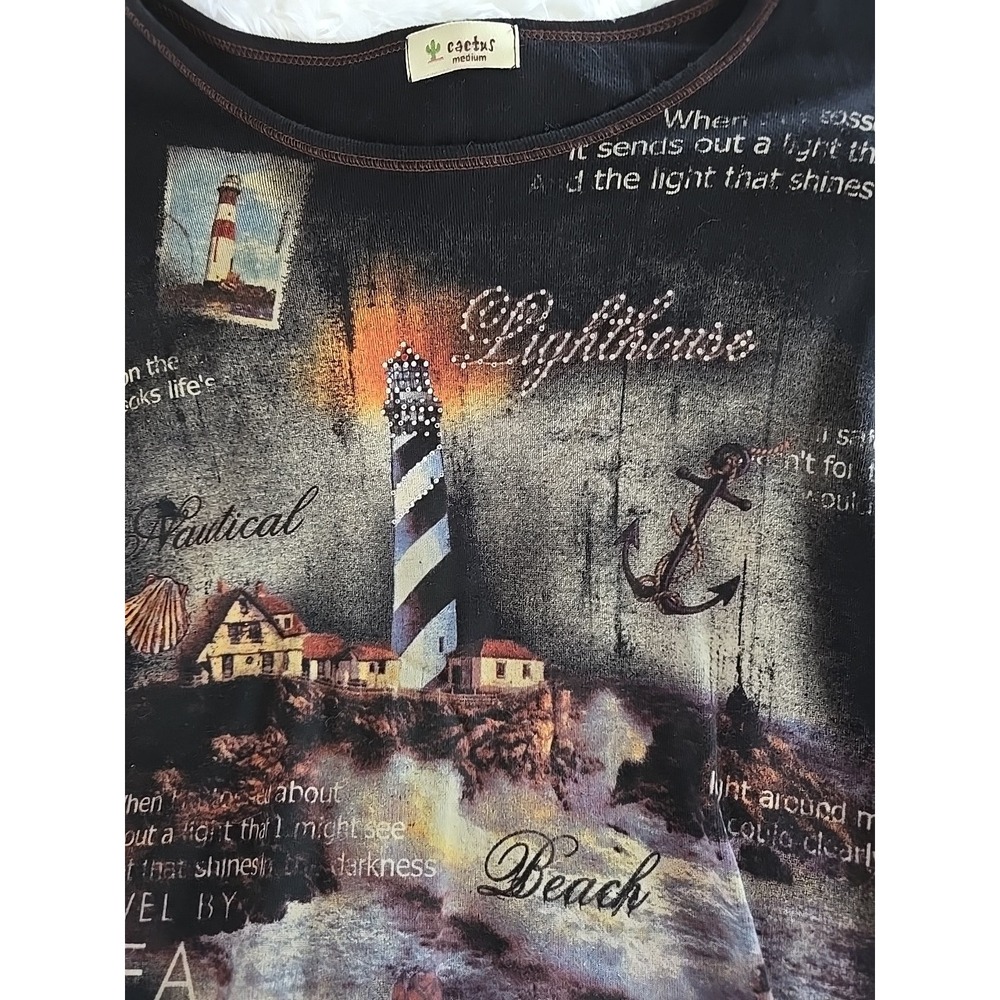 VTG Cactus Lighthouse on the Hillside Y2K‎ Studded Top Shirt Ladies Sz M USA - Picture 4 of 13